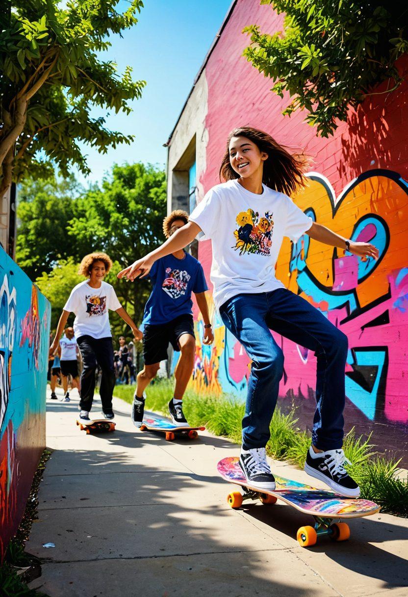 A vibrant scene depicting a diverse group of joyful teens engaging in various fun activities like skateboarding, dancing, and painting in a colorful urban park. The backdrop features graffiti art and playful nature elements like flowers and trees. Make it lively with bright colors and a sense of movement, capturing the essence of youth culture and friendship. digital illustration. vibrant colors. urban art style.