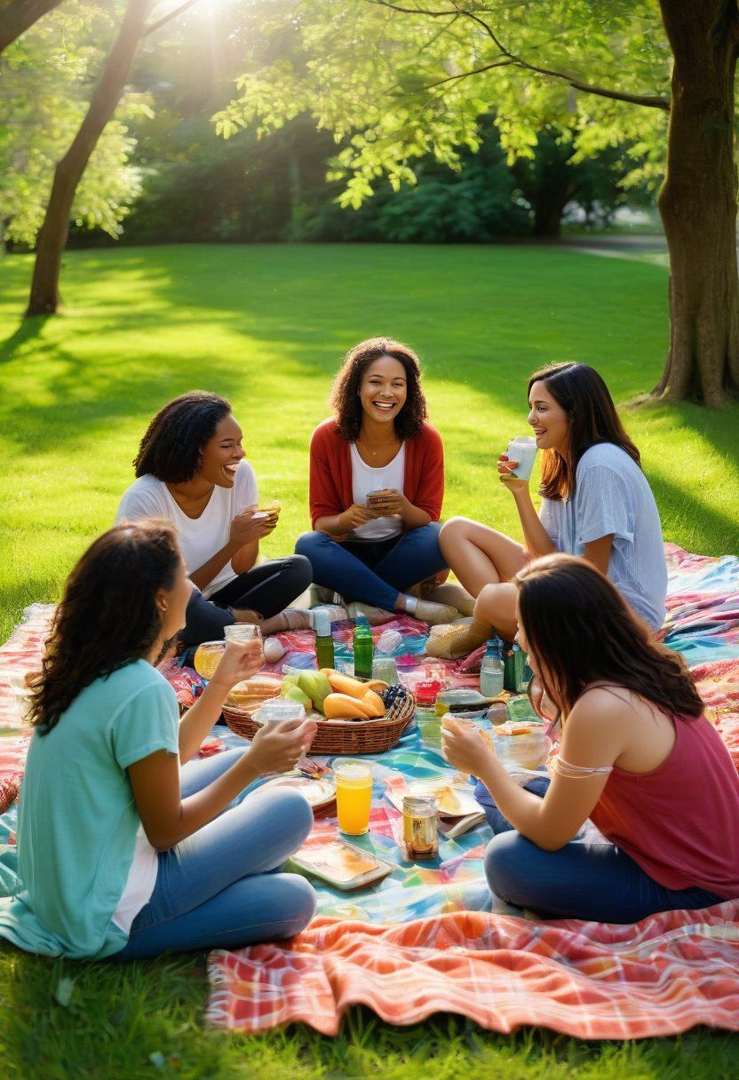 A lively gathering of diverse young adults laughing and sharing stories in a cozy park setting, with colorful picnic blankets, refreshments, and playful pets around, symbolizing joyful friendships. Soft sunlight filters through green trees, enhancing the cheerful atmosphere. super-realistic. vibrant colors. warm lighting.