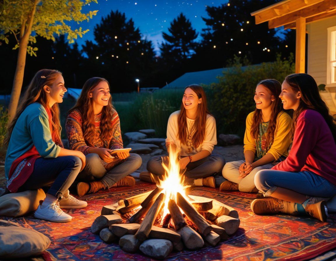 A vibrant scene depicting a diverse group of enthusiastic teens engaged in a colorful outdoor gathering, sharing ideas and laughter around a campfire under a starry sky. Incorporate elements of friendship, empowerment, and cultural expressions through art, music, and games. Showcase dynamic interactions and a sense of community. Use bright colors to convey energy and inclusivity. super-realistic. vibrant colors. outdoor setting.